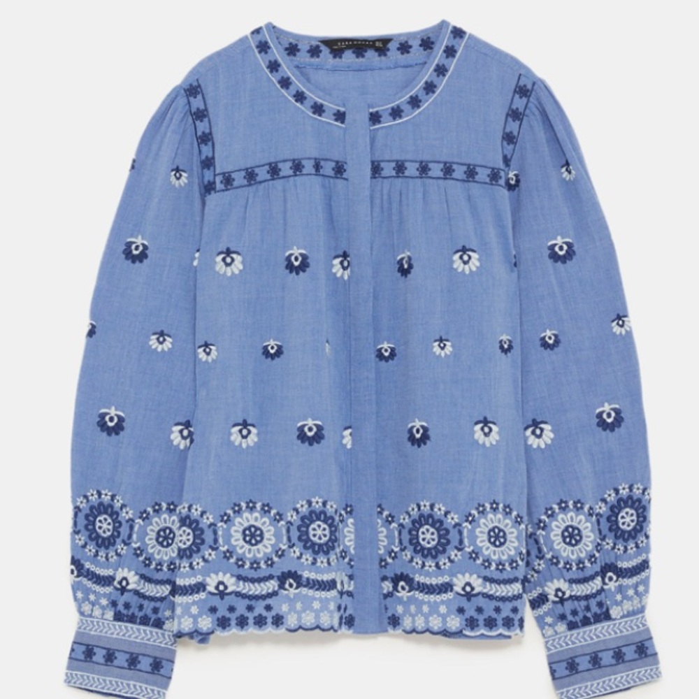 Zara blue embroidered blouse NWT